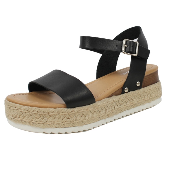 Shoes - Black Open Toe Ankle Strap Espadrille Sandal